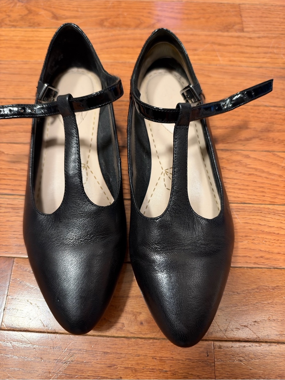 Clarks Black T-Strap Pointed Toe Women's Flats
